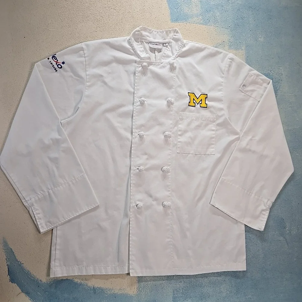 Chef Works White Double Breasted Chef Coat Mens L University‎ of Michigan Sodexo